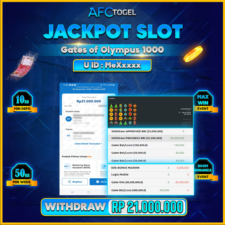 AFCTOGEL JACKPOT SLOT Gates of Olympus 1000Rp.21.000.000.,- LUNAS